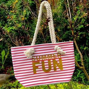 Beach Bag, says “Summer Fun”, red and white stripes